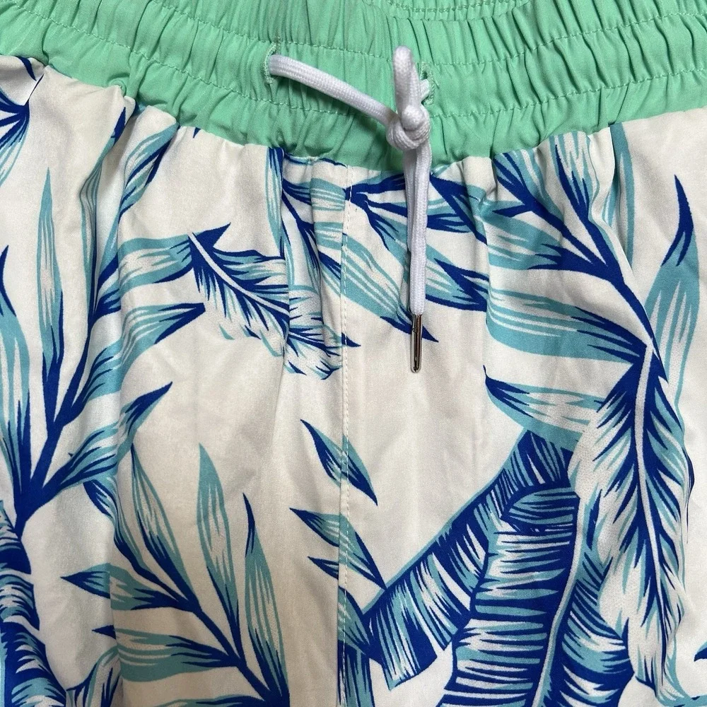 Unbranded Mens White XL Board Shorts Blue & Green Palm Fronds Pockets Green Trim
